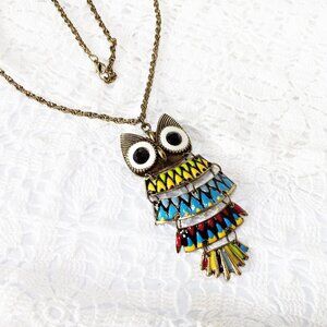 Reticulated Colorful Enamel Gold Tone Pndant Necklace On Long Gold Chain